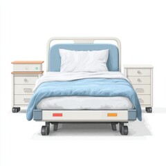 Clean and modern hospital bed with bedside tables in a bright and sterile environment
