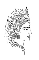 Minimalist Line Art of Hindu Goddess in Profile with Flowing Hair – Black and White Hand-Drawn Spiritual Woman for Tattoo, Devotional Art, and Sacred Vector Design