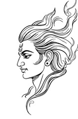 Lord Shiva Side Profile Line Art – Flowing Hair Hindu Deity Illustration in Black and White