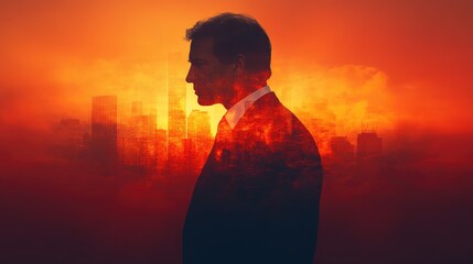 Fototapeta premium Businessman facing urban inferno. City ablaze with fiery sunset. Thoughtful figure