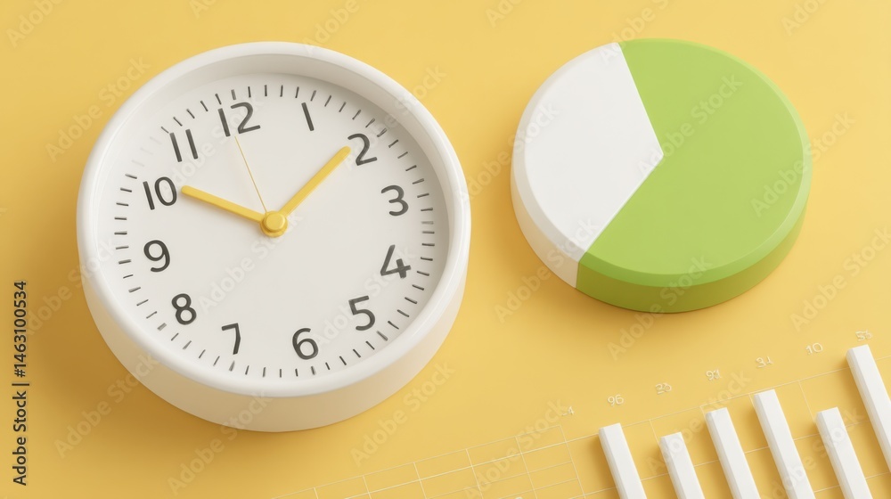 Poster Clock, pie chart, and bar graph on yellow background representing time and data