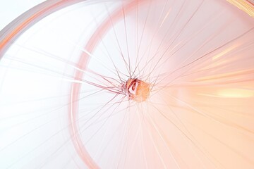 Obraz premium A spinning bicycle wheel with blurred motion, radiating spokes, and a light, airy aesthetic with pastel colors.