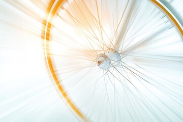 A blurred, dynamic shot of a spinning bicycle wheel, conveying speed and movement against a bright, abstract background.
