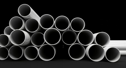 A stack of white, cylindrical PVC pipes, their open, circular ends forming a geometric pattern against a contrasting black background, representing industrial or construction materials.