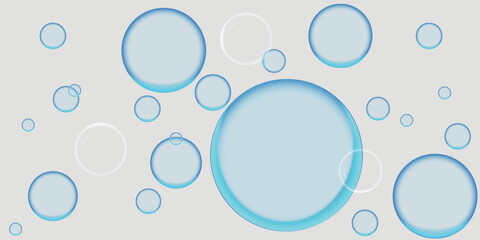Floating blue bubbles on a white background. Bubbles vary in size, creating a light, airy feel. Blue bubbles add a sense of freshness and purity. Soap bubble element vector set.