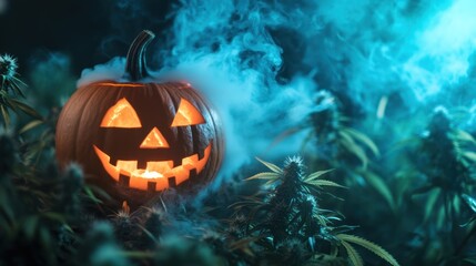 Mystic Halloween: Eerie Pumpkin Amidst Cannabis, Veiled in Spectral Blue Smoke