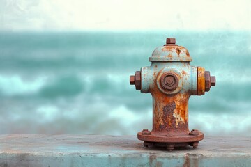 Fototapeta premium A weathered and rusty blue fire hydrant stands on a concrete surface, with a blurred ocean background.