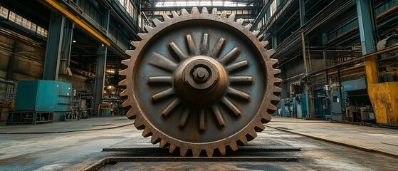 Large gear in industrial factory, machinery and infrastructure visible