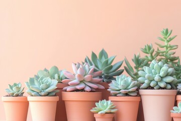 A serene display of succulent plants in terracotta pots against a peachy background, radiating minimalist elegance and horticultural charm.