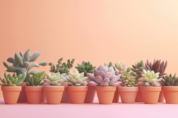 A variety of succulents in terracotta pots arranged against a peach and pink background creates a calming and aesthetically pleasing botanical display.
