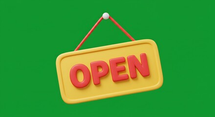 vector cartoon open signboard hanging from a string, centered on isolated green screen background
