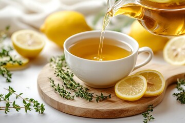 Tea being poured into cup with lemon and thyme
