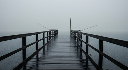 Fototapeta premium A Rainy Day On The Pier In a Misty Landscape With Fishing Rods