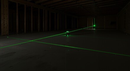 A green laser level projects precise horizontal and vertical lines across the floor and walls of a dark, unfinished room under construction, aiding in alignment and measurement tasks.