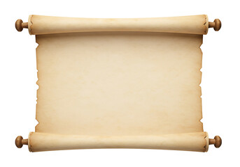 An old parchment scroll with wooden handles isolated on a white background for text or image space use