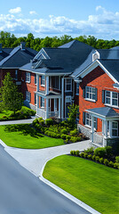 Charming row houses with manicured lawns and pathways