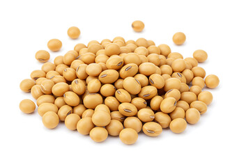 A close up shot of a pile of soybeans on a white background in a studio setting with good lighting