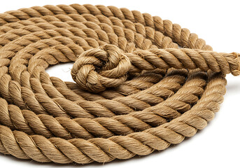 A coiled brown rope with a knot resting on a white surface in a close up studio shot for design elements