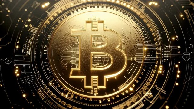 Golden Bitcoin spinning in digital matrix with glowing circuit patterns
