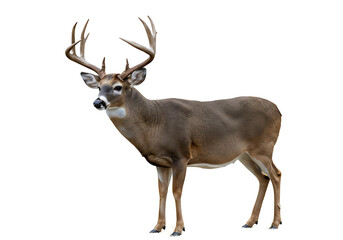 Obraz premium A deer standing on a white background with large antlers and a grey and brown coat looking forward