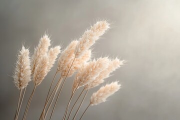 Minimalist aesthetic featuring a group of soft, feathery bunny tail grass stems against a neutral, soft-lit gray background.