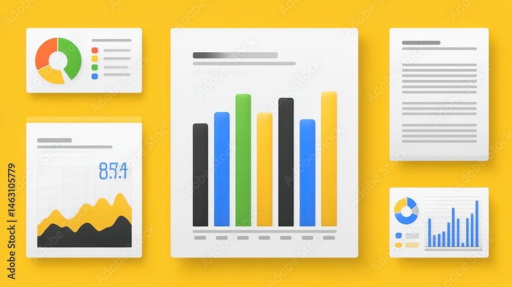 Poster Colorful charts and graphs on paper documents representing data analysis concept