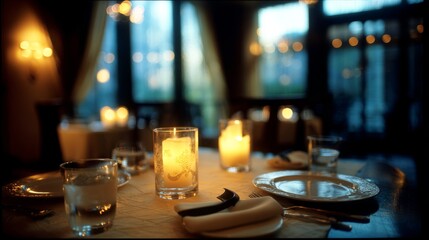Romantic dinner table with candlelight and fine china, evoking timeless love and elegance
