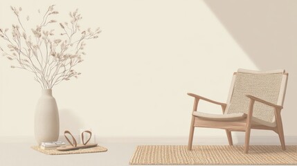 Beige room, rattan chair, dried flowers, minimalist decor, home interior design