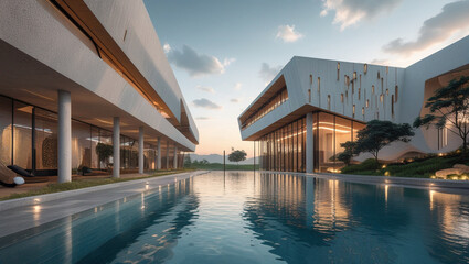 A visually stunning masterpiece of modern architecture, featuring striking features such as the cantilevered roof and glass facades that reflect the surrounding landscape. The striking lighting design