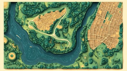 City nestled within a river valley, lush green landscapes