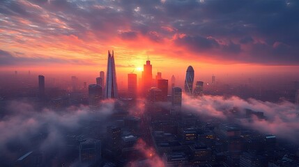 City skyline at sunrise, shrouded in mist