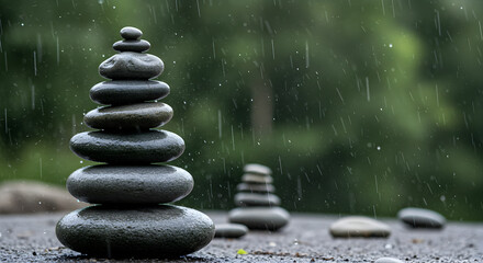 Obraz premium Stacked Stones In The Rain Against Green Background Nature Still Life