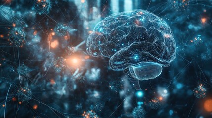 Digital representation of a brain amidst glowing neurons and particles
