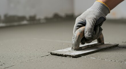 Close-up of a construction worker's gloved hand expertly smoothing freshly poured wet concrete on a floor using a metal trowel during a renovation project.