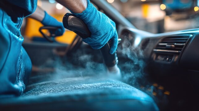 Professional auto detailing: Deep cleaning and sanitizing car interior with steam