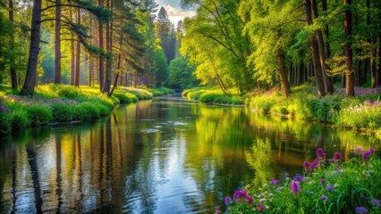 Obraz premium Serene river winding through dense green forest with tall trees and vibrant wildflowers, reflecting the peaceful atmosphere , greenery, forest landscape