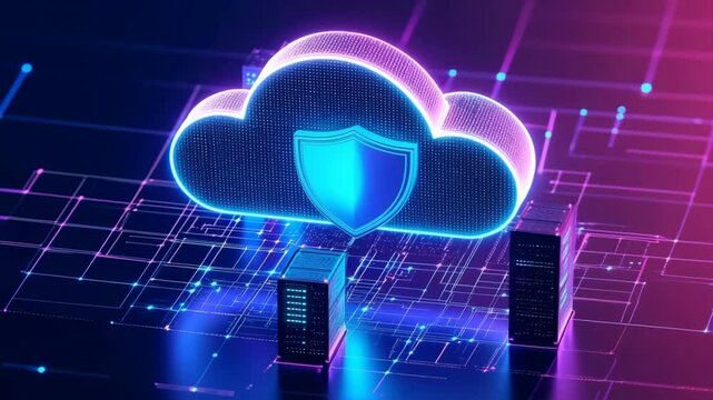 Cloud shield animation with neon blue glow and secure server grid
