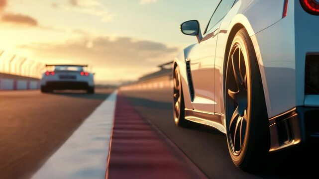 High-performance cars compete on a racetrack at sunset, showcasing their speed and agility
