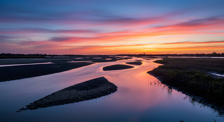 River Landscape Reflecting the Radiant Colors of the Evening Sky