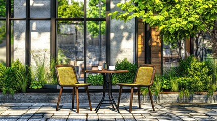 Sunny cafe patio, two chairs, table, plants, relaxation