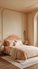 Peach toned luxury hotel suite with golden trim elegant bed and royal furnishings styled in classic aristocratic palace interior layout Luxurious Bedroom Interior Design