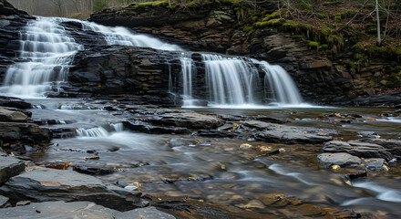 Obraz premium Cascading Waters Flowing Over Rocky Ledges In A Natural Forest Landscape