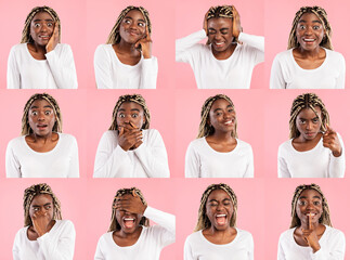 Different Emotions And Reactions Concept. Composite mosaic collage of black woman emotional portraits. Young african american lady grimacing on camera at pink studio background, image montage