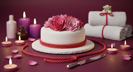 Naklejka premium Celebration Cake with Flowers, Candles, and Rolled Towels