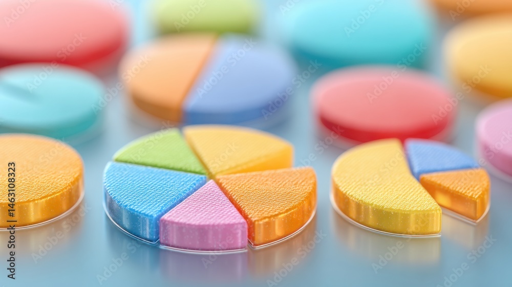 Poster Colorful pie chart pills arranged on a reflective surface representing data and statistics
