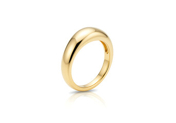 Close up shot of a shiny gold ring with a rounded dome shape on a plain white background surface area