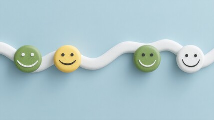 Colorful smiley face buttons representing customer satisfaction on a blue background