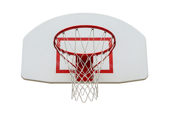 Naklejka premium A basketball hoop with a white backboard and red rim and net on a plain white background in a studio shot