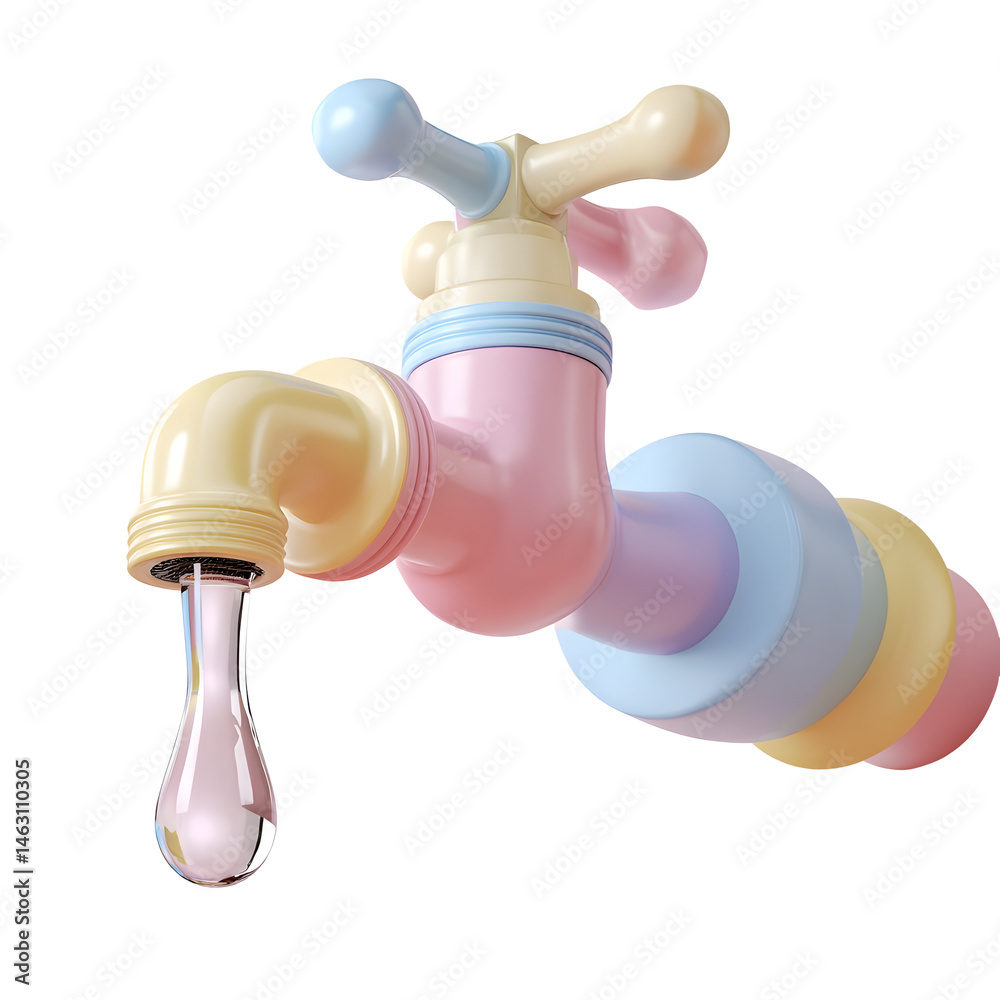 Poster a whimsical 3d render of a pastel colored household faucet with a rounded handle and a transparent w