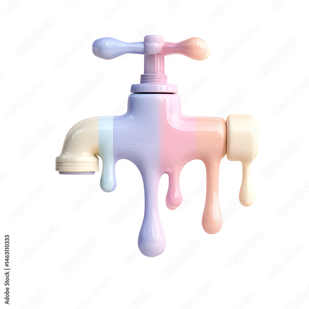 Leinwandbilder surreal 3d render of a pastel colored water tap with an oversized flowing drop forming at the tip ag